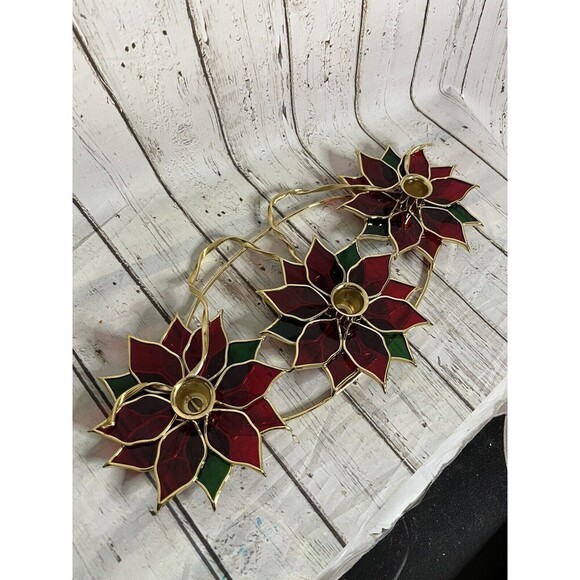 Vintage 3 Poinsettia Stained Glass Candle Holder Christmas Gold